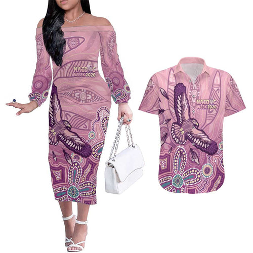 NAIDOC Week - 50 Years Deadly Couples Matching Off The Shoulder Long Sleeve Dress and Hawaiian Shirt Pastel Wings