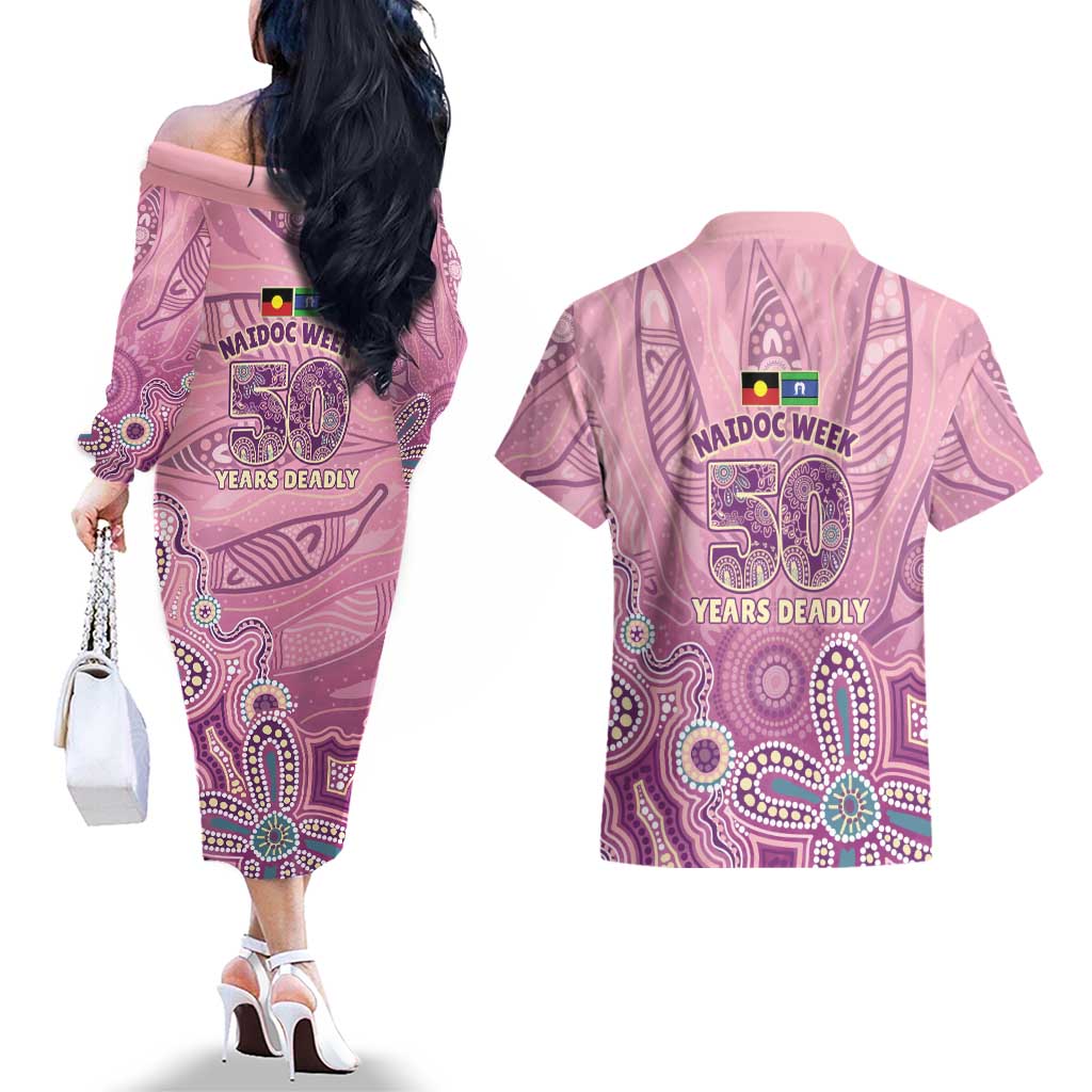 NAIDOC Week - 50 Years Deadly Couples Matching Off The Shoulder Long Sleeve Dress and Hawaiian Shirt Pastel Wings