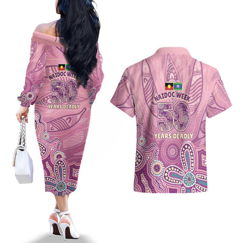 NAIDOC Week - 50 Years Deadly Couples Matching Off The Shoulder Long Sleeve Dress and Hawaiian Shirt Pastel Wings