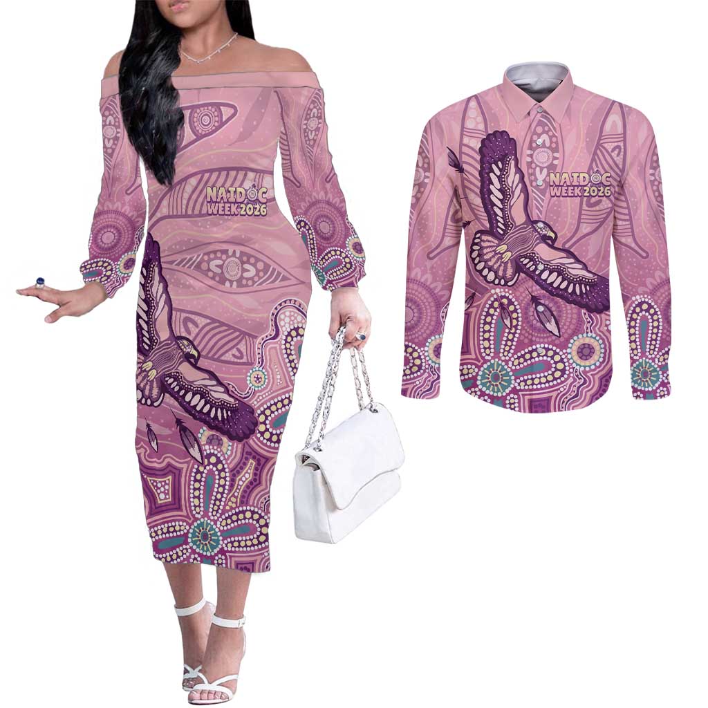 NAIDOC Week - 50 Years Deadly Couples Matching Off The Shoulder Long Sleeve Dress and Long Sleeve Button Shirt Pastel Wings