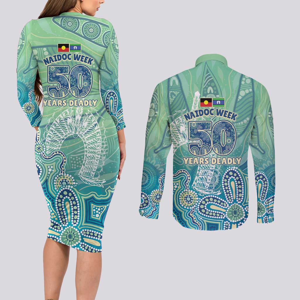 NAIDOC Week - 50 Years Deadly Torres Strait Couples Matching Long Sleeve Bodycon Dress and Long Sleeve Button Shirt Pastel Waves