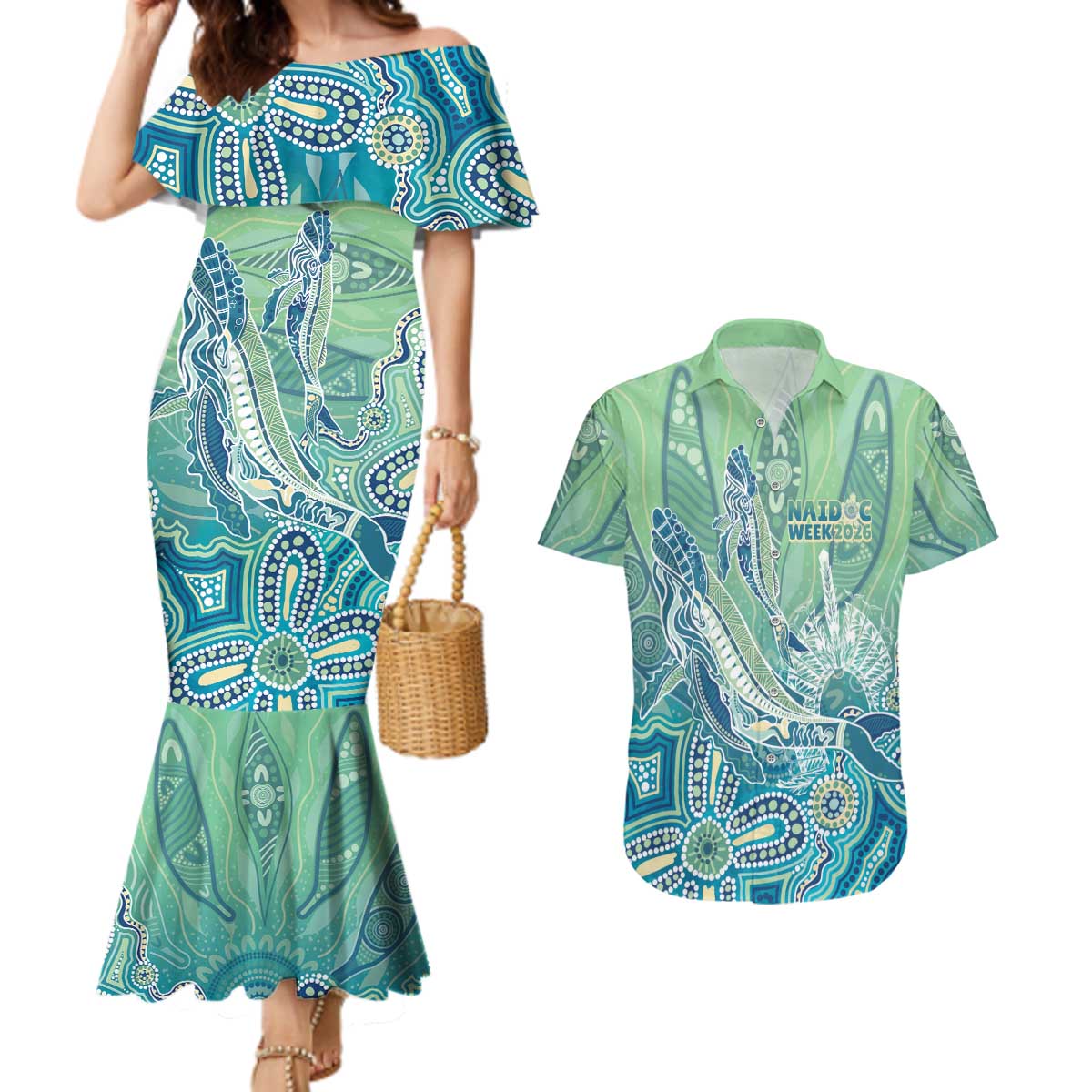 NAIDOC Week - 50 Years Deadly Torres Strait Couples Matching Mermaid Dress and Hawaiian Shirt Pastel Waves