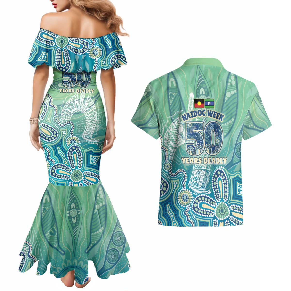 NAIDOC Week - 50 Years Deadly Torres Strait Couples Matching Mermaid Dress and Hawaiian Shirt Pastel Waves