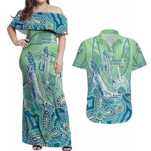 NAIDOC Week - 50 Years Deadly Torres Strait Couples Matching Off Shoulder Maxi Dress and Hawaiian Shirt Pastel Waves