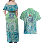 NAIDOC Week - 50 Years Deadly Torres Strait Couples Matching Off Shoulder Maxi Dress and Hawaiian Shirt Pastel Waves
