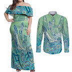 NAIDOC Week - 50 Years Deadly Torres Strait Couples Matching Off Shoulder Maxi Dress and Long Sleeve Button Shirt Pastel Waves