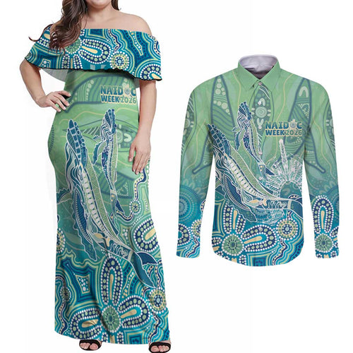 NAIDOC Week - 50 Years Deadly Torres Strait Couples Matching Off Shoulder Maxi Dress and Long Sleeve Button Shirt Pastel Waves