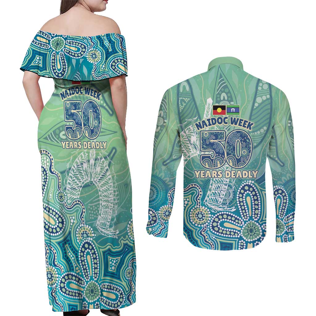 NAIDOC Week - 50 Years Deadly Torres Strait Couples Matching Off Shoulder Maxi Dress and Long Sleeve Button Shirt Pastel Waves
