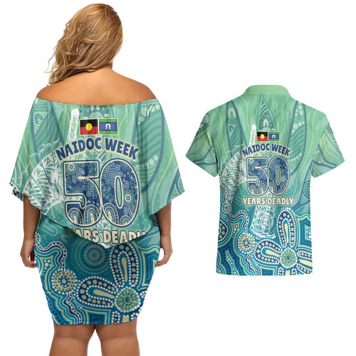 NAIDOC Week - 50 Years Deadly Torres Strait Couples Matching Off Shoulder Short Dress and Hawaiian Shirt Pastel Waves