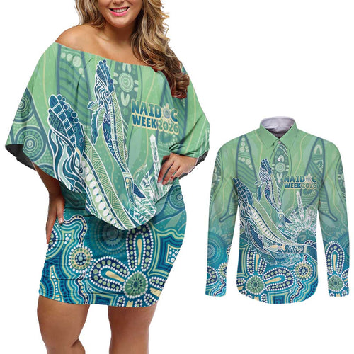 NAIDOC Week - 50 Years Deadly Torres Strait Couples Matching Off Shoulder Short Dress and Long Sleeve Button Shirt Pastel Waves