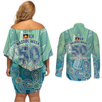 NAIDOC Week - 50 Years Deadly Torres Strait Couples Matching Off Shoulder Short Dress and Long Sleeve Button Shirt Pastel Waves