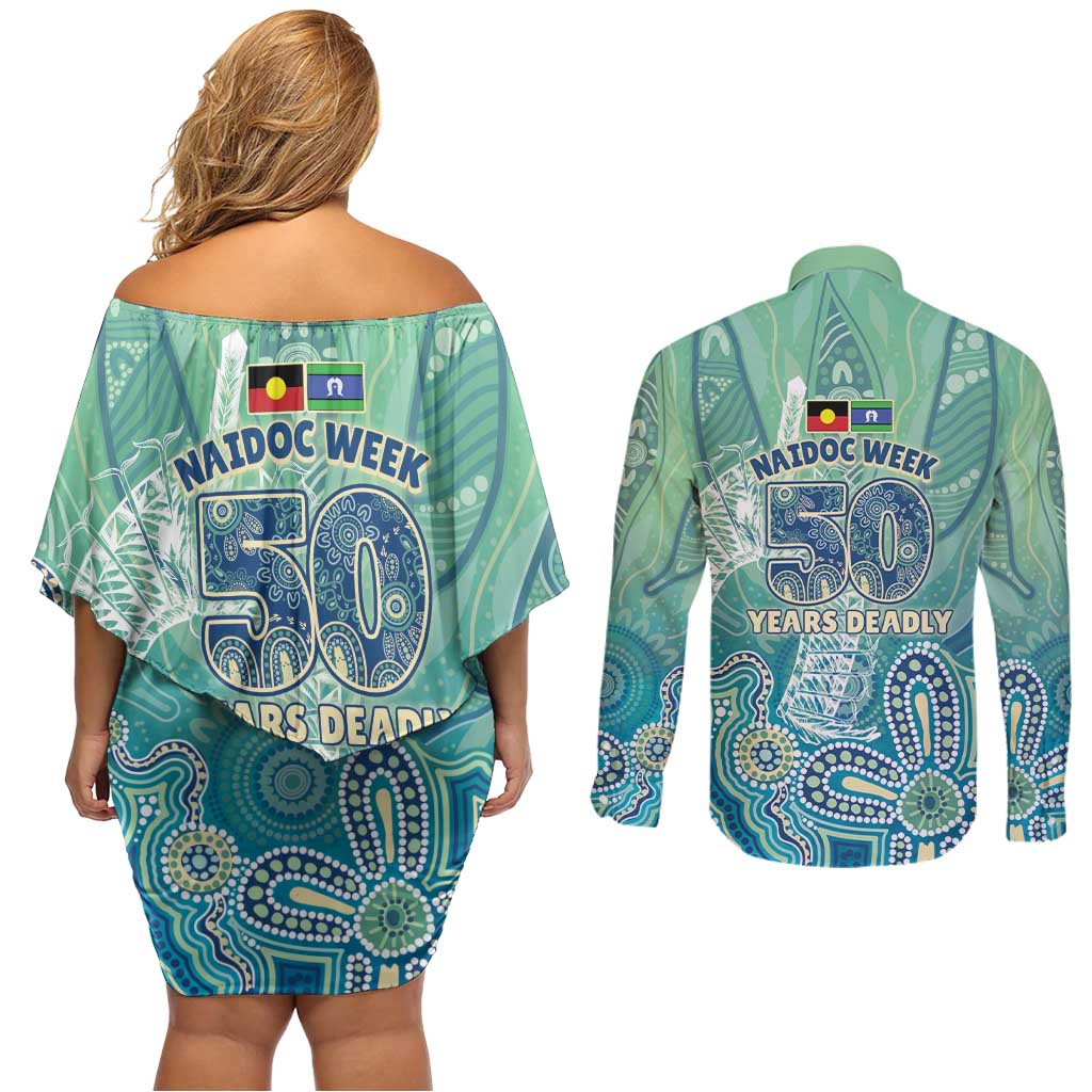 NAIDOC Week - 50 Years Deadly Torres Strait Couples Matching Off Shoulder Short Dress and Long Sleeve Button Shirt Pastel Waves