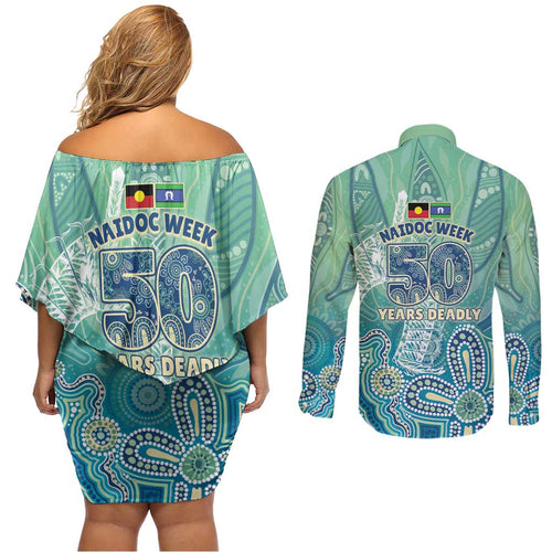 NAIDOC Week - 50 Years Deadly Torres Strait Couples Matching Off Shoulder Short Dress and Long Sleeve Button Shirt Pastel Waves
