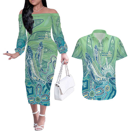 NAIDOC Week - 50 Years Deadly Torres Strait Couples Matching Off The Shoulder Long Sleeve Dress and Hawaiian Shirt Pastel Waves