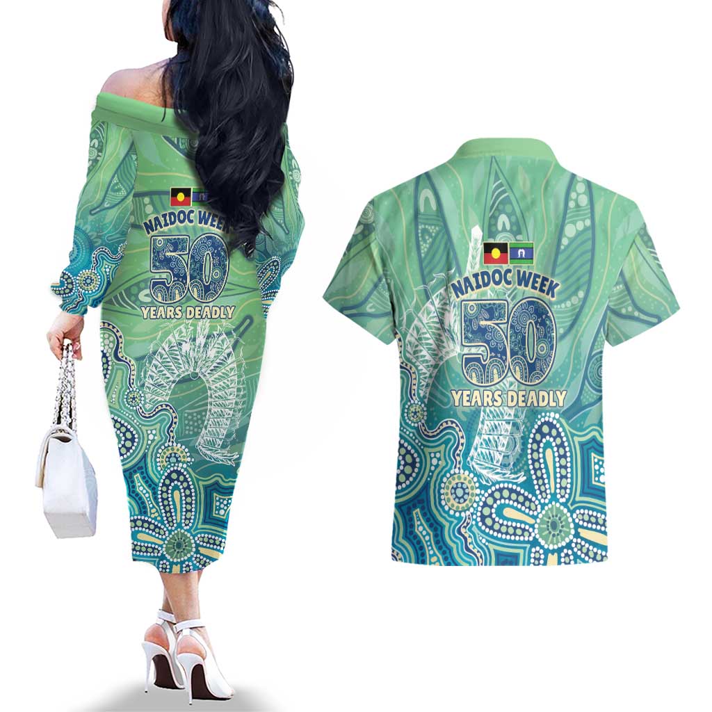 NAIDOC Week - 50 Years Deadly Torres Strait Couples Matching Off The Shoulder Long Sleeve Dress and Hawaiian Shirt Pastel Waves