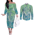 NAIDOC Week - 50 Years Deadly Torres Strait Couples Matching Off The Shoulder Long Sleeve Dress and Long Sleeve Button Shirt Pastel Waves