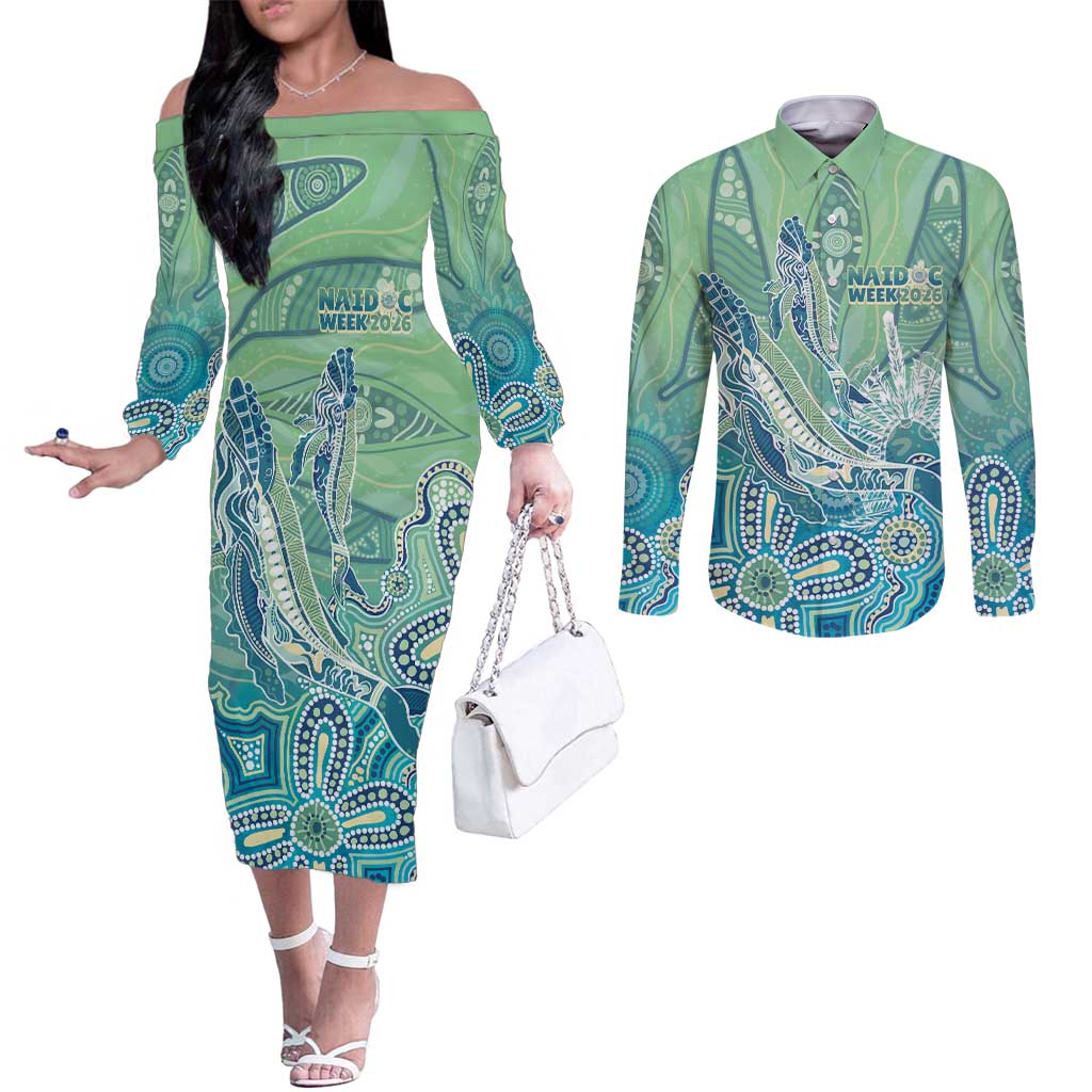 NAIDOC Week - 50 Years Deadly Torres Strait Couples Matching Off The Shoulder Long Sleeve Dress and Long Sleeve Button Shirt Pastel Waves