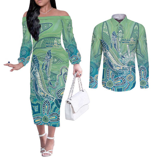NAIDOC Week - 50 Years Deadly Torres Strait Couples Matching Off The Shoulder Long Sleeve Dress and Long Sleeve Button Shirt Pastel Waves