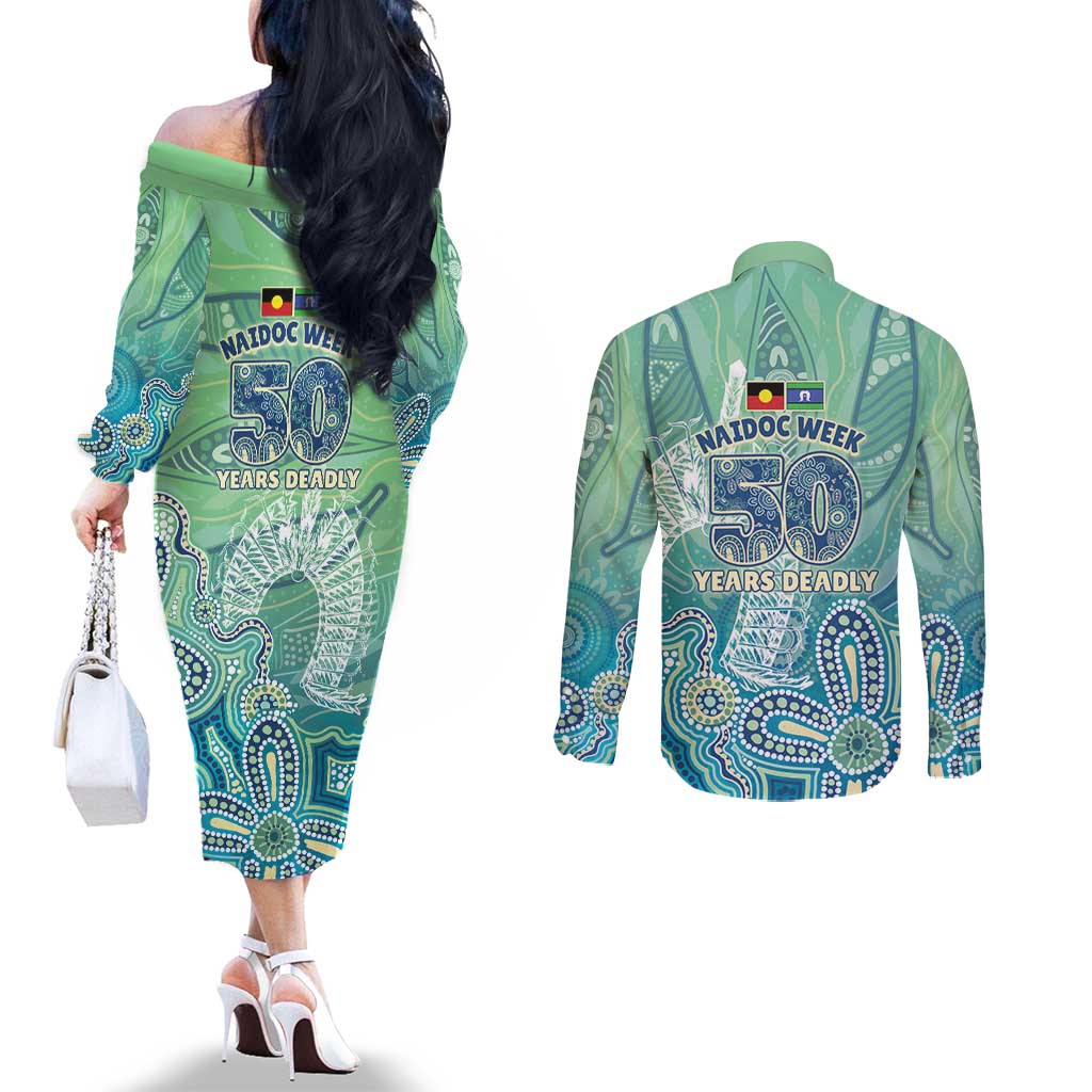 NAIDOC Week - 50 Years Deadly Torres Strait Couples Matching Off The Shoulder Long Sleeve Dress and Long Sleeve Button Shirt Pastel Waves