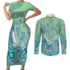 NAIDOC Week - 50 Years Deadly Torres Strait Couples Matching Short Sleeve Bodycon Dress and Long Sleeve Button Shirt Pastel Waves