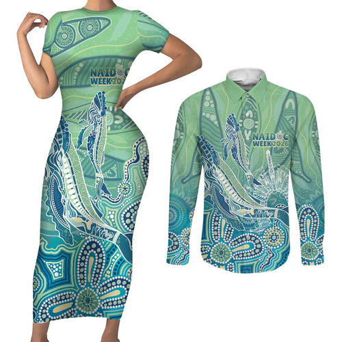 NAIDOC Week - 50 Years Deadly Torres Strait Couples Matching Short Sleeve Bodycon Dress and Long Sleeve Button Shirt Pastel Waves