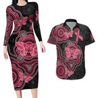Australia Indigenous Mother's Day Couples Matching Long Sleeve Bodycon Dress and Hawaiian Shirt Aboriginal Breast Cancer Ribbon