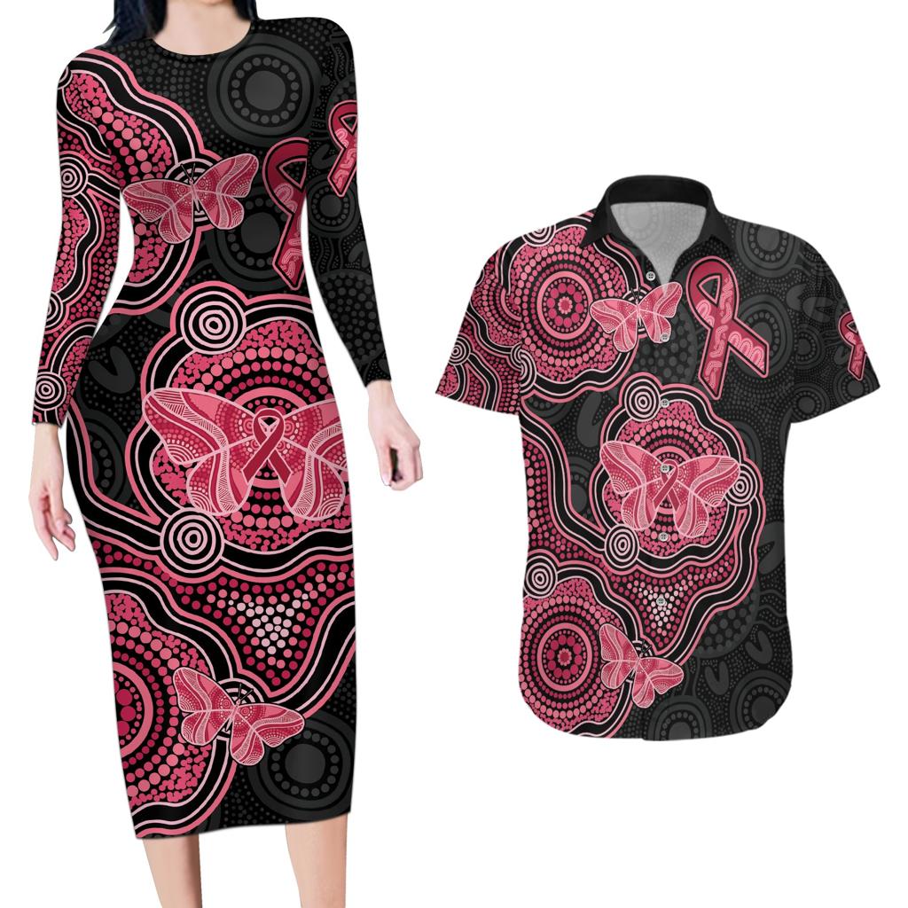 Australia Indigenous Mother's Day Couples Matching Long Sleeve Bodycon Dress and Hawaiian Shirt Aboriginal Breast Cancer Ribbon