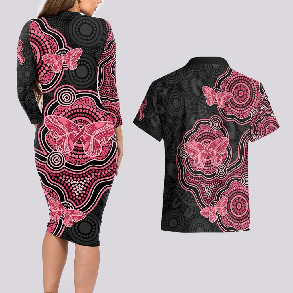 Australia Indigenous Mother's Day Couples Matching Long Sleeve Bodycon Dress and Hawaiian Shirt Aboriginal Breast Cancer Ribbon