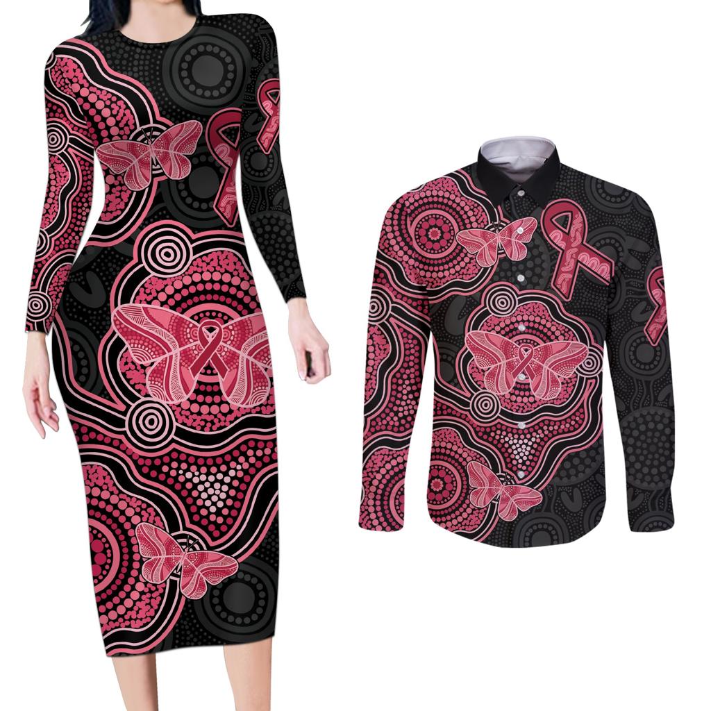 Australia Indigenous Mother's Day Couples Matching Long Sleeve Bodycon Dress and Long Sleeve Button Shirt Aboriginal Breast Cancer Ribbon