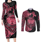Australia Indigenous Mother's Day Couples Matching Long Sleeve Bodycon Dress and Long Sleeve Button Shirt Aboriginal Breast Cancer Ribbon