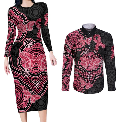 Australia Indigenous Mother's Day Couples Matching Long Sleeve Bodycon Dress and Long Sleeve Button Shirt Aboriginal Breast Cancer Ribbon