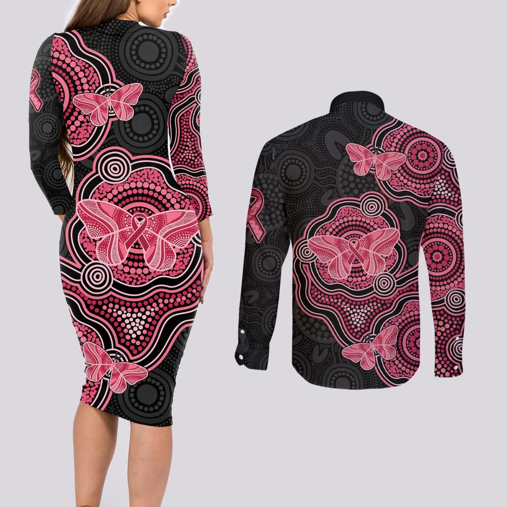 Australia Indigenous Mother's Day Couples Matching Long Sleeve Bodycon Dress and Long Sleeve Button Shirt Aboriginal Breast Cancer Ribbon