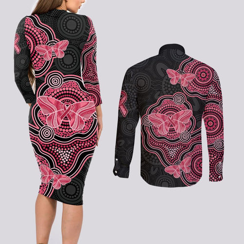 Australia Indigenous Mother's Day Couples Matching Long Sleeve Bodycon Dress and Long Sleeve Button Shirt Aboriginal Breast Cancer Ribbon
