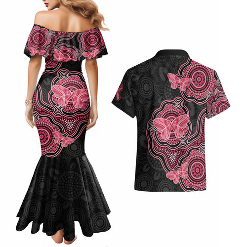 Australia Indigenous Mother's Day Couples Matching Mermaid Dress and Hawaiian Shirt Aboriginal Breast Cancer Ribbon