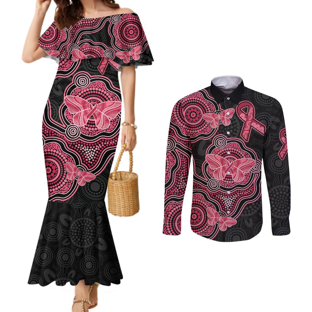 Australia Indigenous Mother's Day Couples Matching Mermaid Dress and Long Sleeve Button Shirt Aboriginal Breast Cancer Ribbon