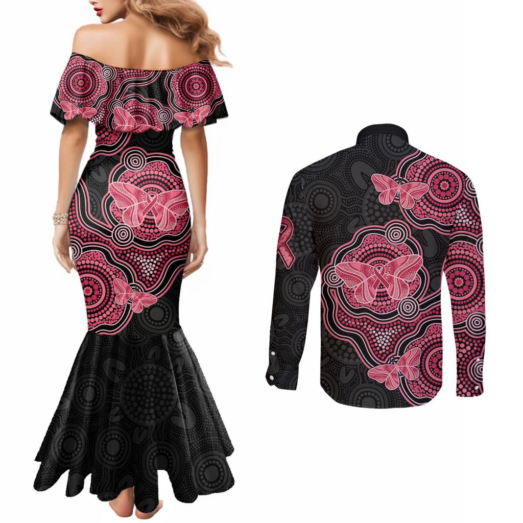 Australia Indigenous Mother's Day Couples Matching Mermaid Dress and Long Sleeve Button Shirt Aboriginal Breast Cancer Ribbon