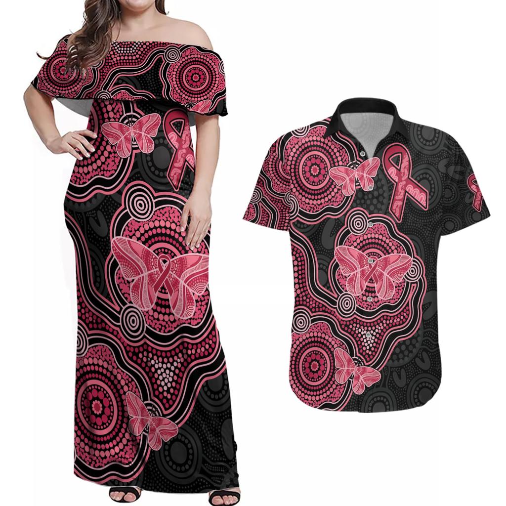 Australia Indigenous Mother's Day Couples Matching Off Shoulder Maxi Dress and Hawaiian Shirt Aboriginal Breast Cancer Ribbon