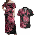 Australia Indigenous Mother's Day Couples Matching Off Shoulder Maxi Dress and Hawaiian Shirt Aboriginal Breast Cancer Ribbon