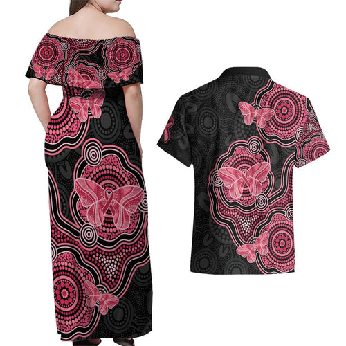 Australia Indigenous Mother's Day Couples Matching Off Shoulder Maxi Dress and Hawaiian Shirt Aboriginal Breast Cancer Ribbon
