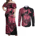 Australia Indigenous Mother's Day Couples Matching Off Shoulder Maxi Dress and Long Sleeve Button Shirt Aboriginal Breast Cancer Ribbon