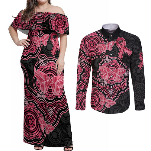Australia Indigenous Mother's Day Couples Matching Off Shoulder Maxi Dress and Long Sleeve Button Shirt Aboriginal Breast Cancer Ribbon
