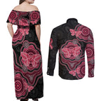 Australia Indigenous Mother's Day Couples Matching Off Shoulder Maxi Dress and Long Sleeve Button Shirt Aboriginal Breast Cancer Ribbon