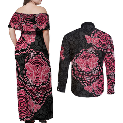 Australia Indigenous Mother's Day Couples Matching Off Shoulder Maxi Dress and Long Sleeve Button Shirt Aboriginal Breast Cancer Ribbon