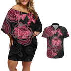 Australia Indigenous Mother's Day Couples Matching Off Shoulder Short Dress and Hawaiian Shirt Aboriginal Breast Cancer Ribbon