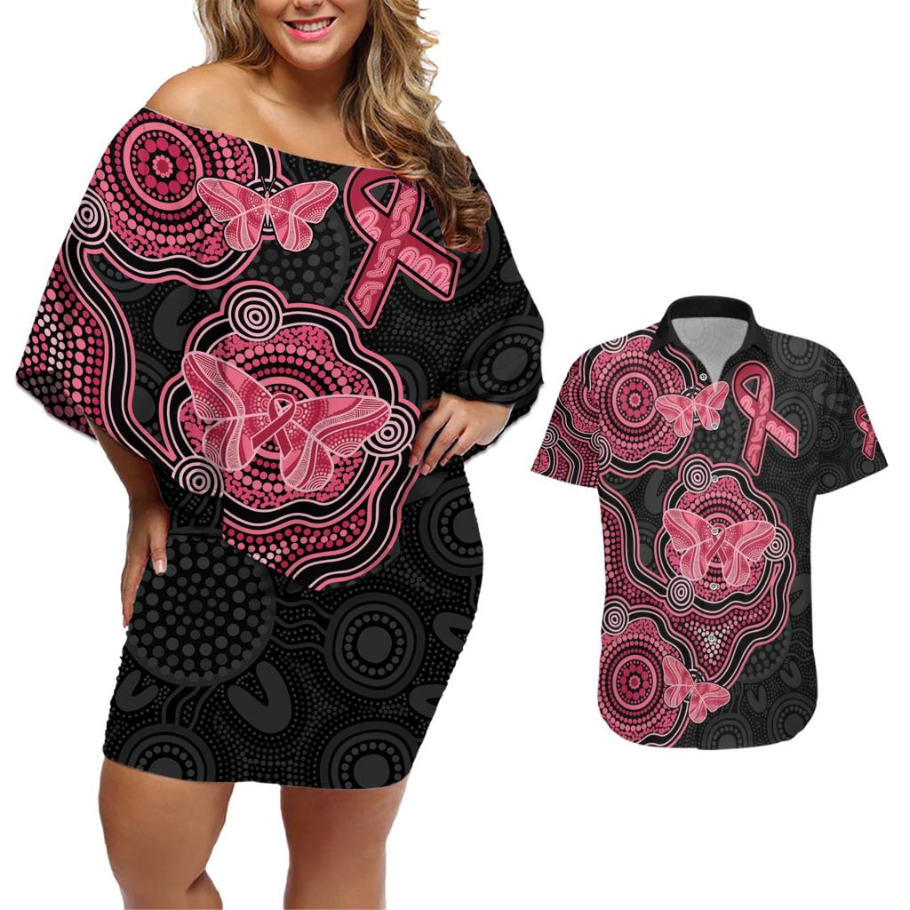 Australia Indigenous Mother's Day Couples Matching Off Shoulder Short Dress and Hawaiian Shirt Aboriginal Breast Cancer Ribbon