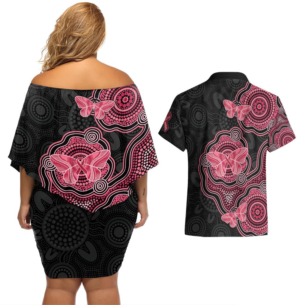 Australia Indigenous Mother's Day Couples Matching Off Shoulder Short Dress and Hawaiian Shirt Aboriginal Breast Cancer Ribbon