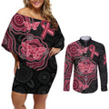 Australia Indigenous Mother's Day Couples Matching Off Shoulder Short Dress and Long Sleeve Button Shirt Aboriginal Breast Cancer Ribbon
