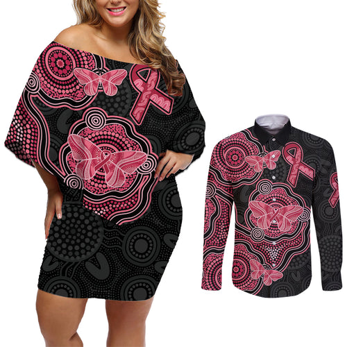 Australia Indigenous Mother's Day Couples Matching Off Shoulder Short Dress and Long Sleeve Button Shirt Aboriginal Breast Cancer Ribbon