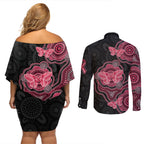 Australia Indigenous Mother's Day Couples Matching Off Shoulder Short Dress and Long Sleeve Button Shirt Aboriginal Breast Cancer Ribbon