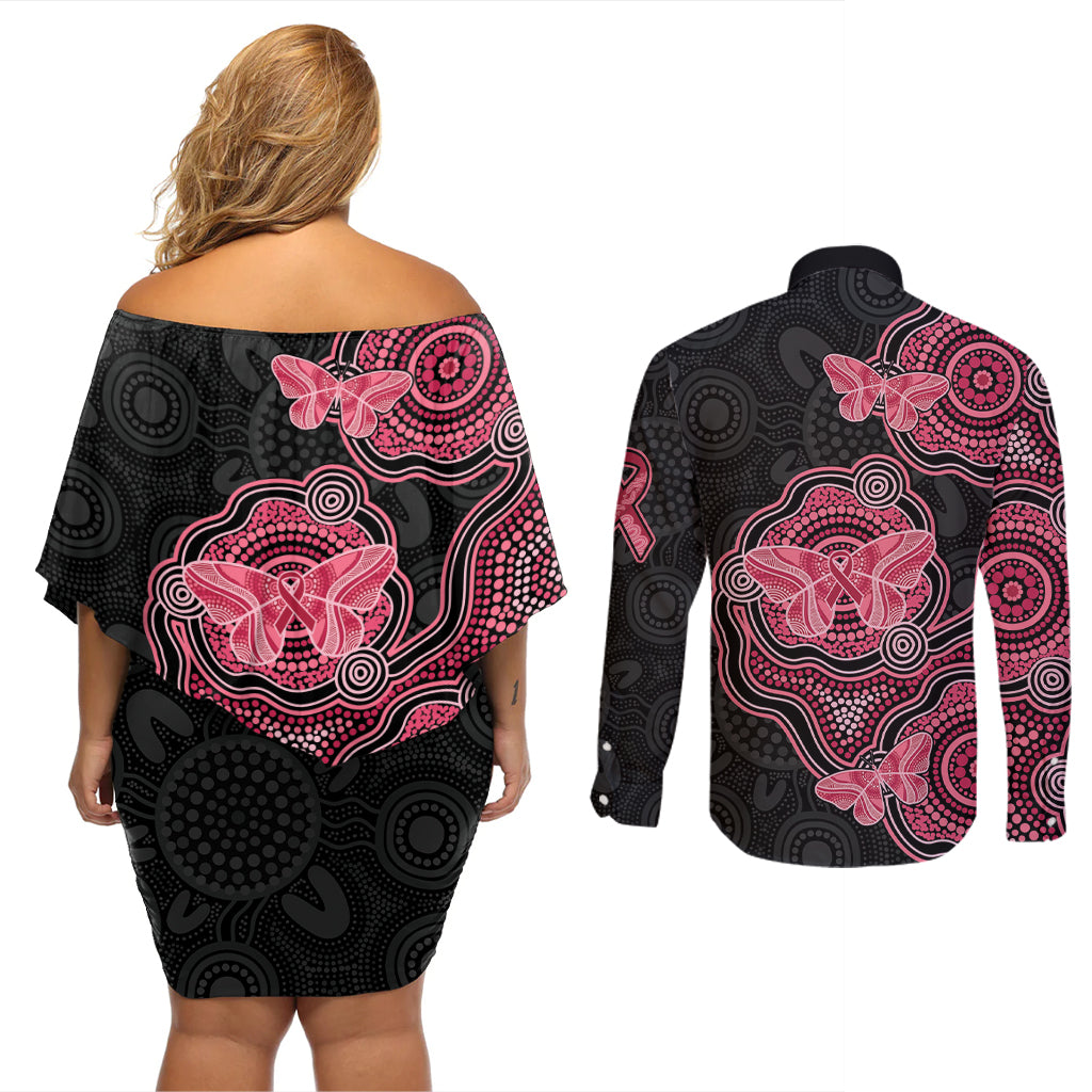 Australia Indigenous Mother's Day Couples Matching Off Shoulder Short Dress and Long Sleeve Button Shirt Aboriginal Breast Cancer Ribbon